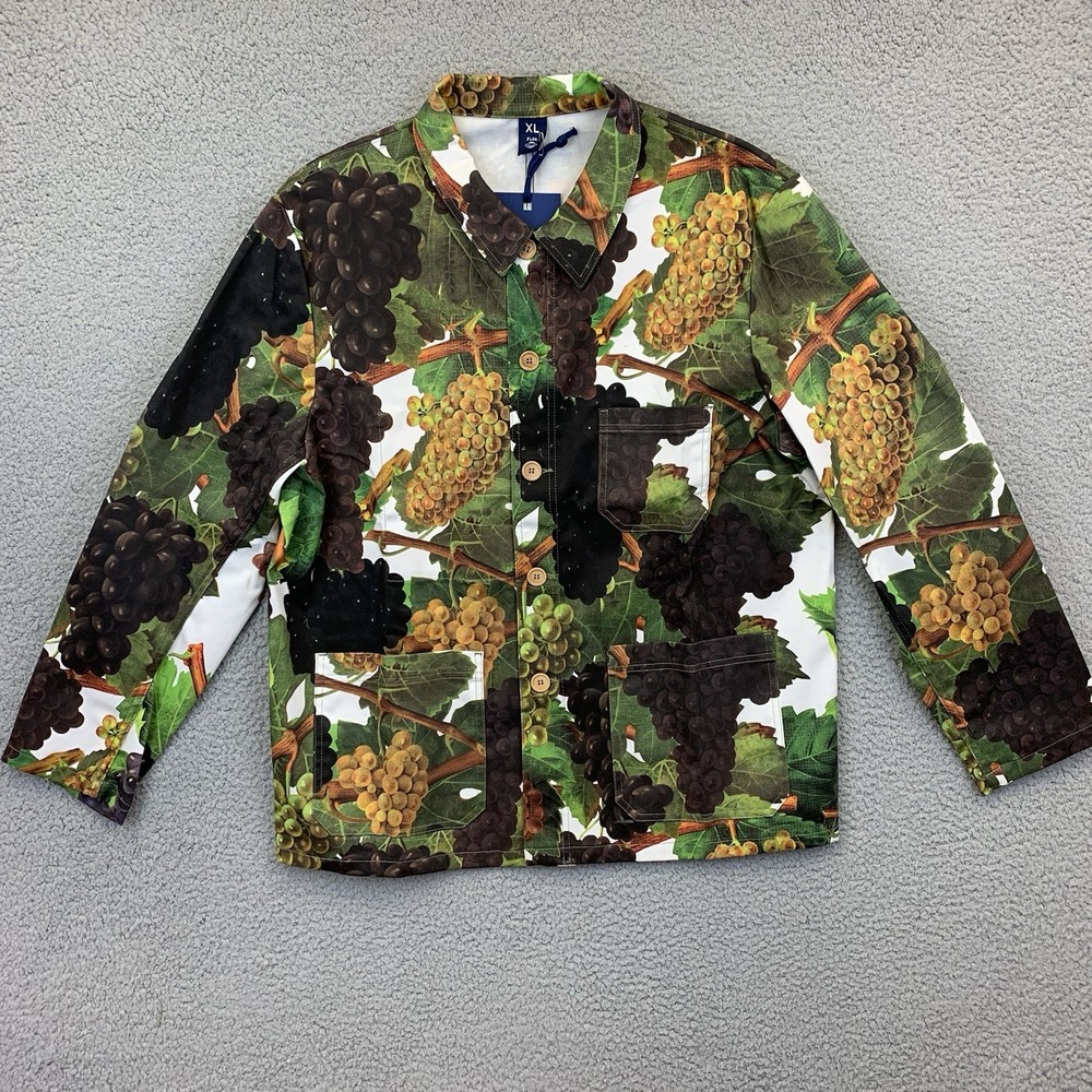 Flan Labs Printed Denim Jacket Mens Cluster Grapes Floral Button Up Sz XL